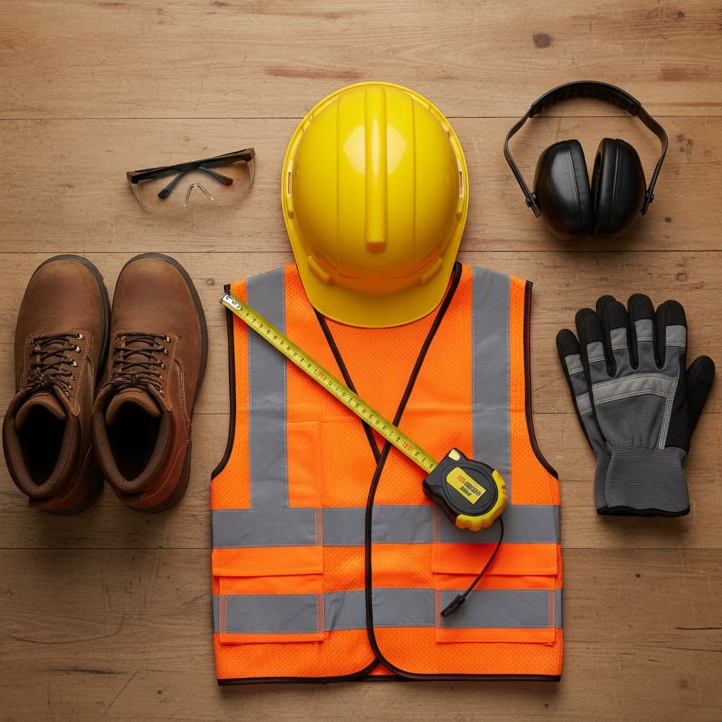 Bricklayer PPE laid out on a wooden surface: hard hat, hi-vis vest, safety glasses, ear defenders, gloves and boots
