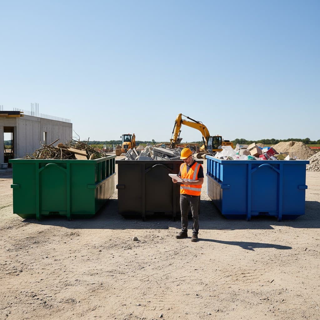 A site supervisor in a hard hat and hi-vis checking paperwork beside skips of demolition waste, with an excavator working on a stripped concrete frame behind