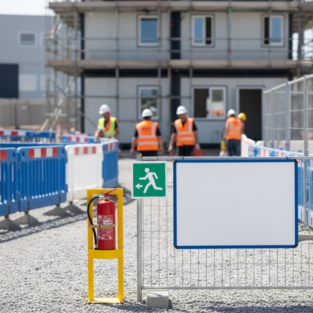 A fire point on a UK construction site with a red extinguisher mounted in a stand, a green escape route sign, pedestrian barriers and site cabins behind