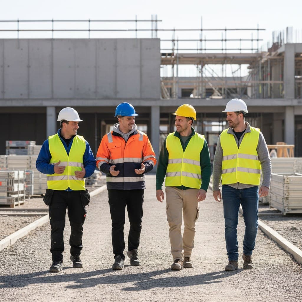 Four tradespeople in hard hats and hi-vis walking together outside a concrete frame under construction