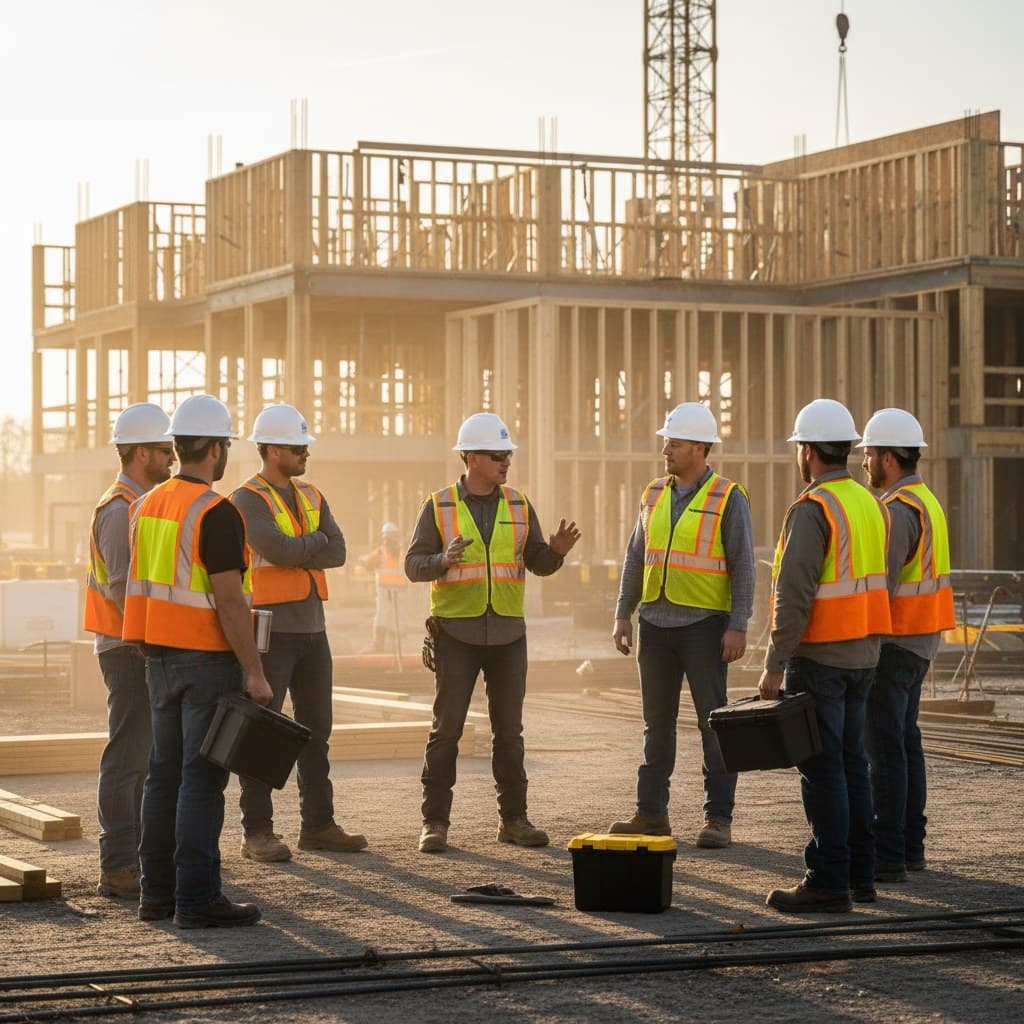 A contractor reviewing a RAMS document on a tablet on a construction site, with a site plan and safety signage visible in the background