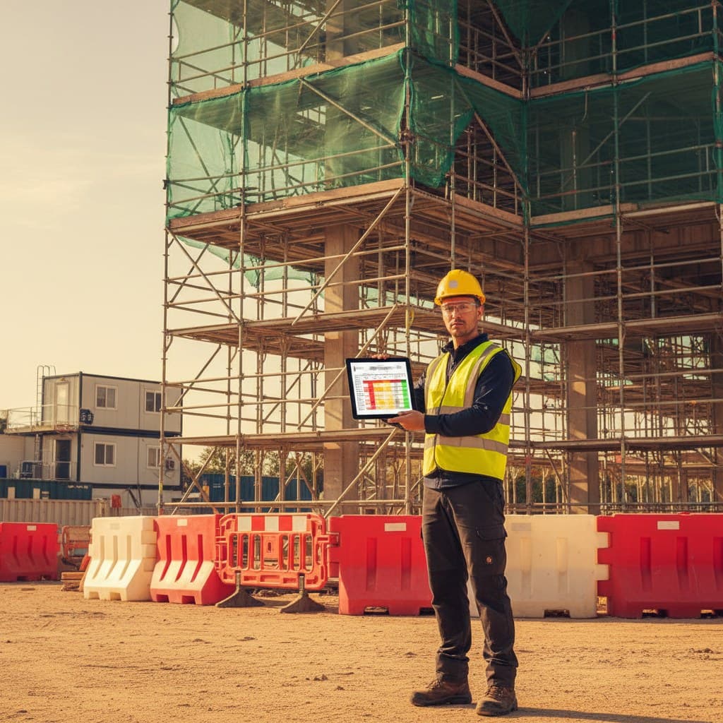 A tradesperson reviewing a detailed method statement document with a site manager before starting work on site