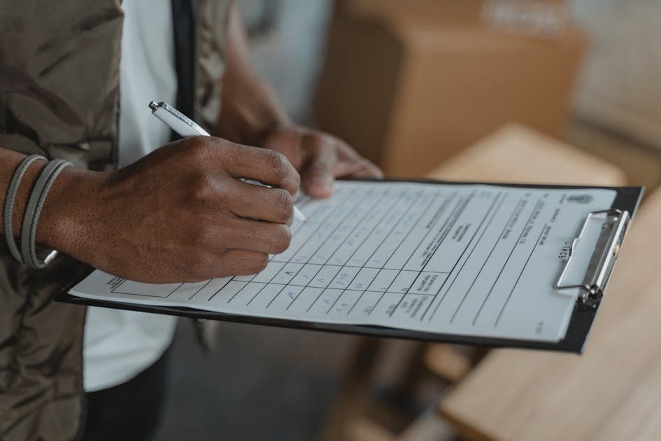 A contractor reviewing incident documentation on a construction site, HSE RIDDOR reporting form in hand