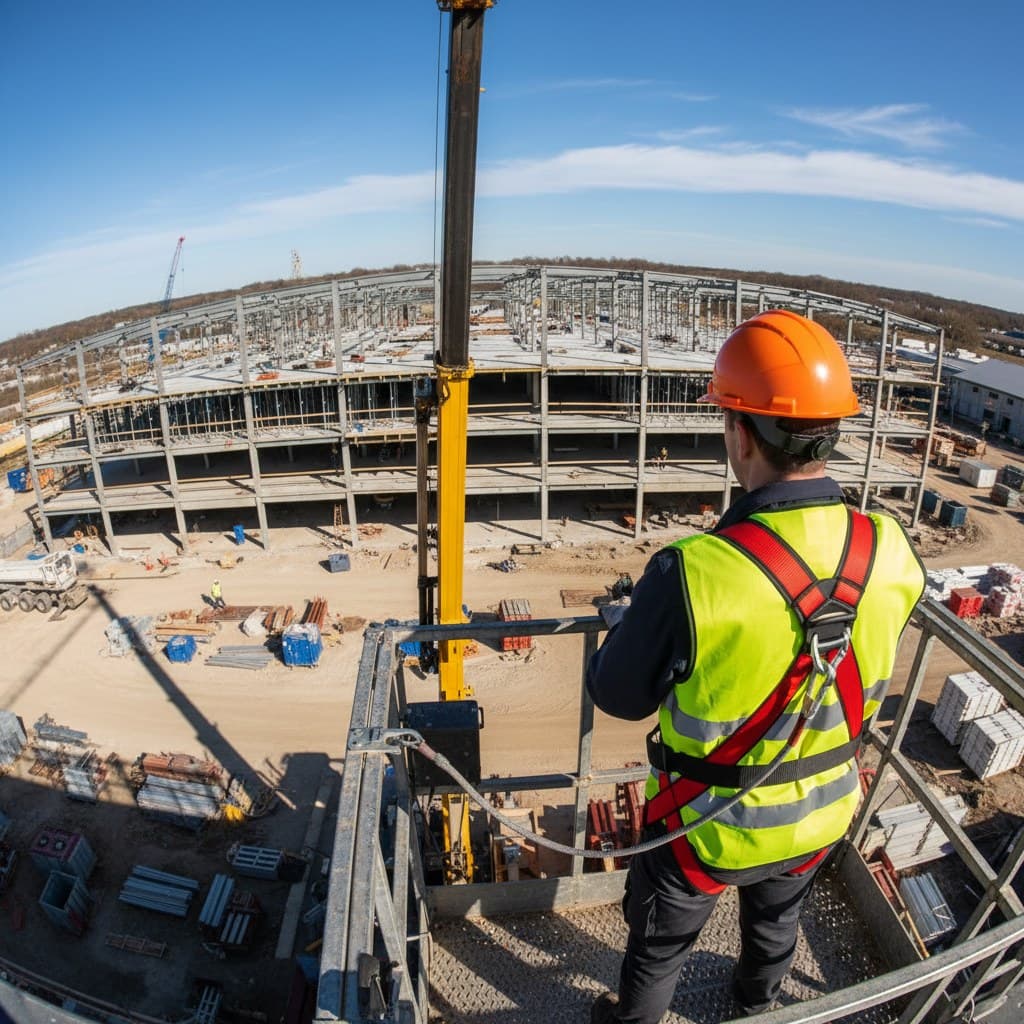 A construction site risk assessment document open on a table with the hierarchy of controls diagram visible among other safety paperwork