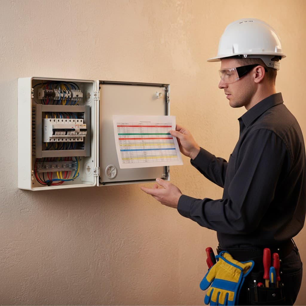 An electrician applying a personal lock and danger tag to a distribution board main switch after completing the safe isolation procedure