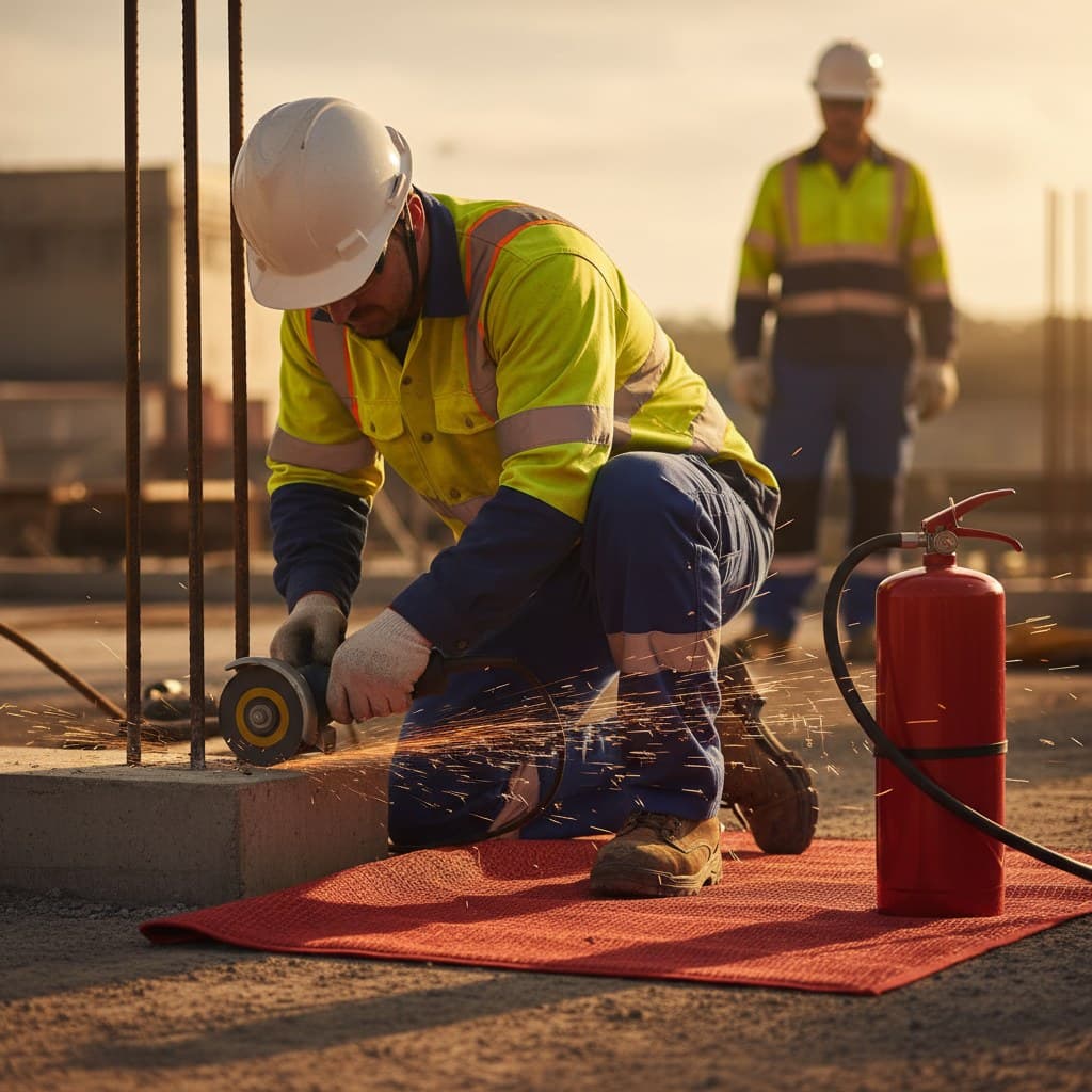A worker in hi-vis, hard hat and gloves grinding rebar with an extinguisher and fire blanket positioned next to the work area