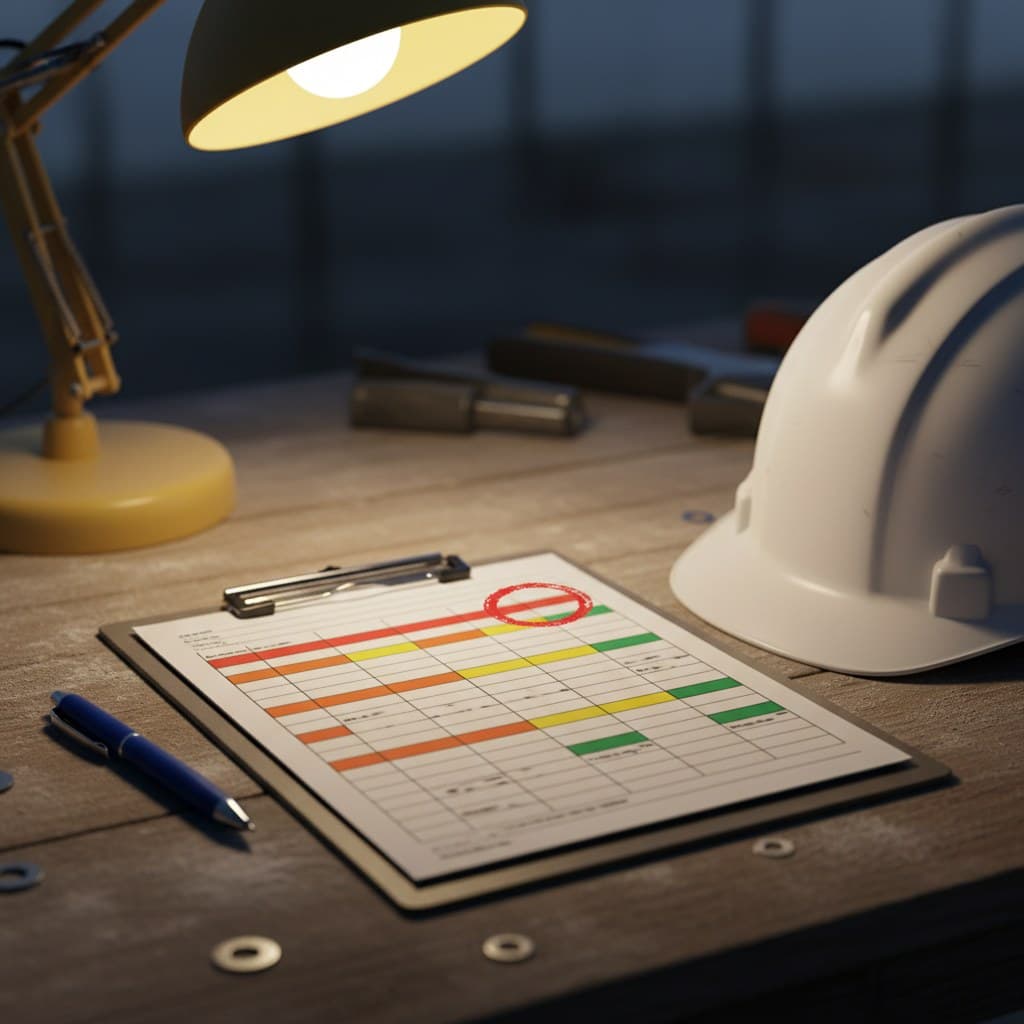 A risk assessment document and method statement side by side on a construction site table with a hard hat and safety vest visible