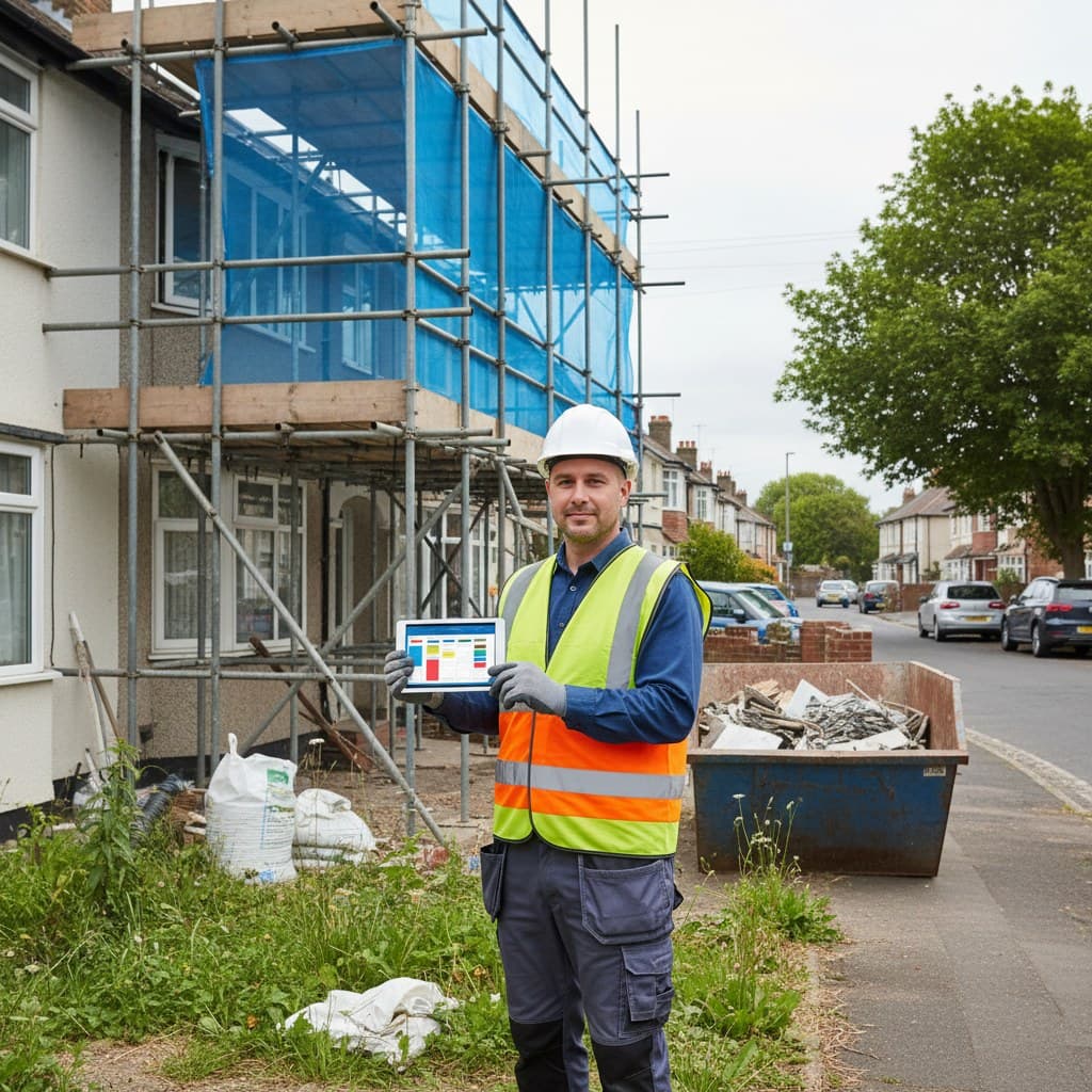 A small contractor reviewing RAMS documents on a tablet at a domestic construction site
