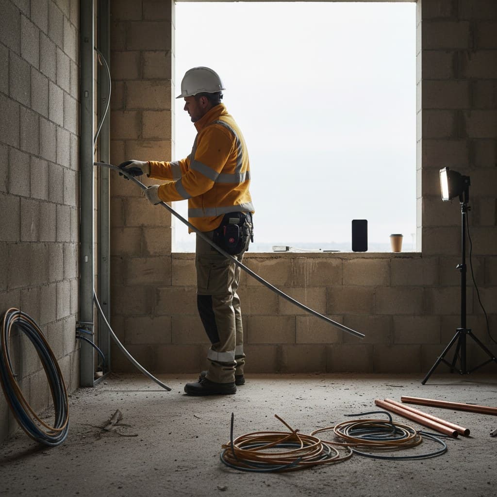 A qualified electrician reviewing a risk assessment document beside an electrical consumer unit on site