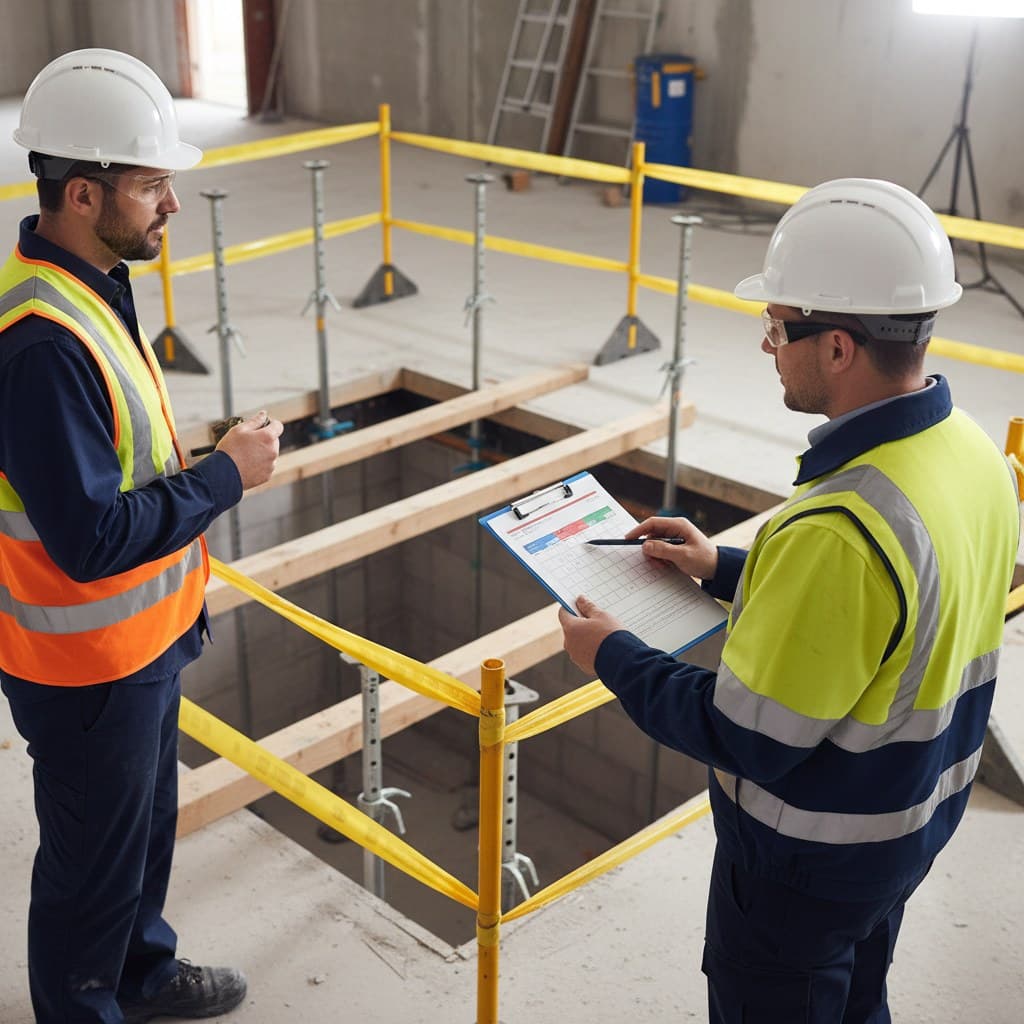 A contractor reviewing a returned RAMS document on a tablet with a principal contractor's feedback notes visible