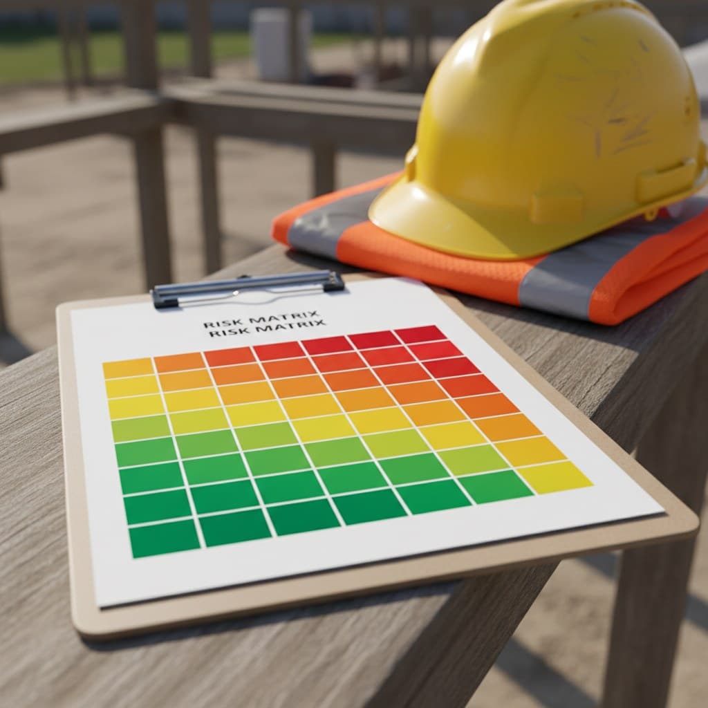 A 5x5 risk matrix on a clipboard beside a yellow hard hat and an orange hi-vis vest on a wooden table