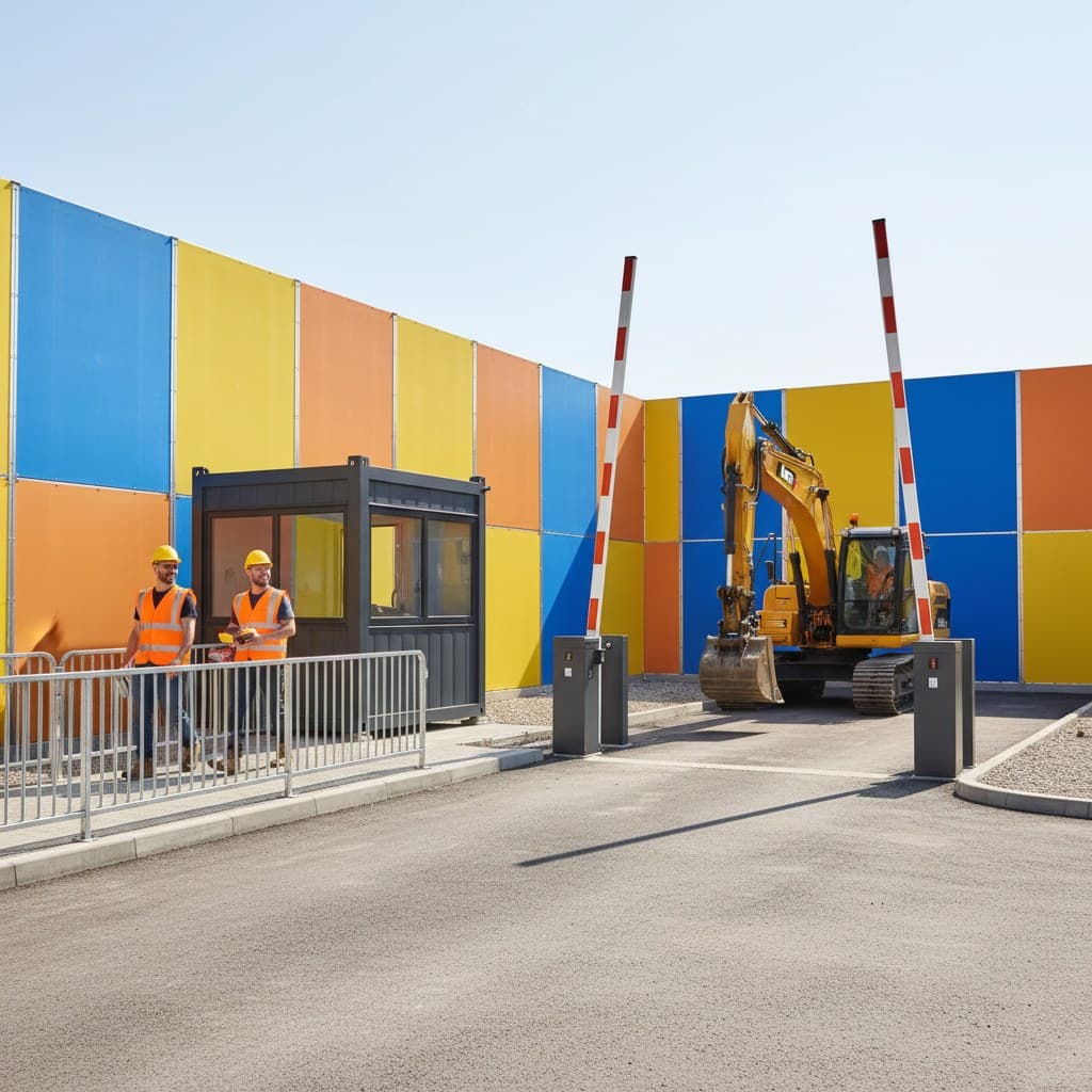 A controlled construction site entrance with a security cabin, red-and-white barrier arms and colourful hoarding, with an excavator driving through