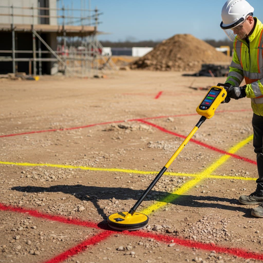 A worker in a white hard hat and hi-vis using a cable avoidance tool over a level, marked-out work area on a construction site